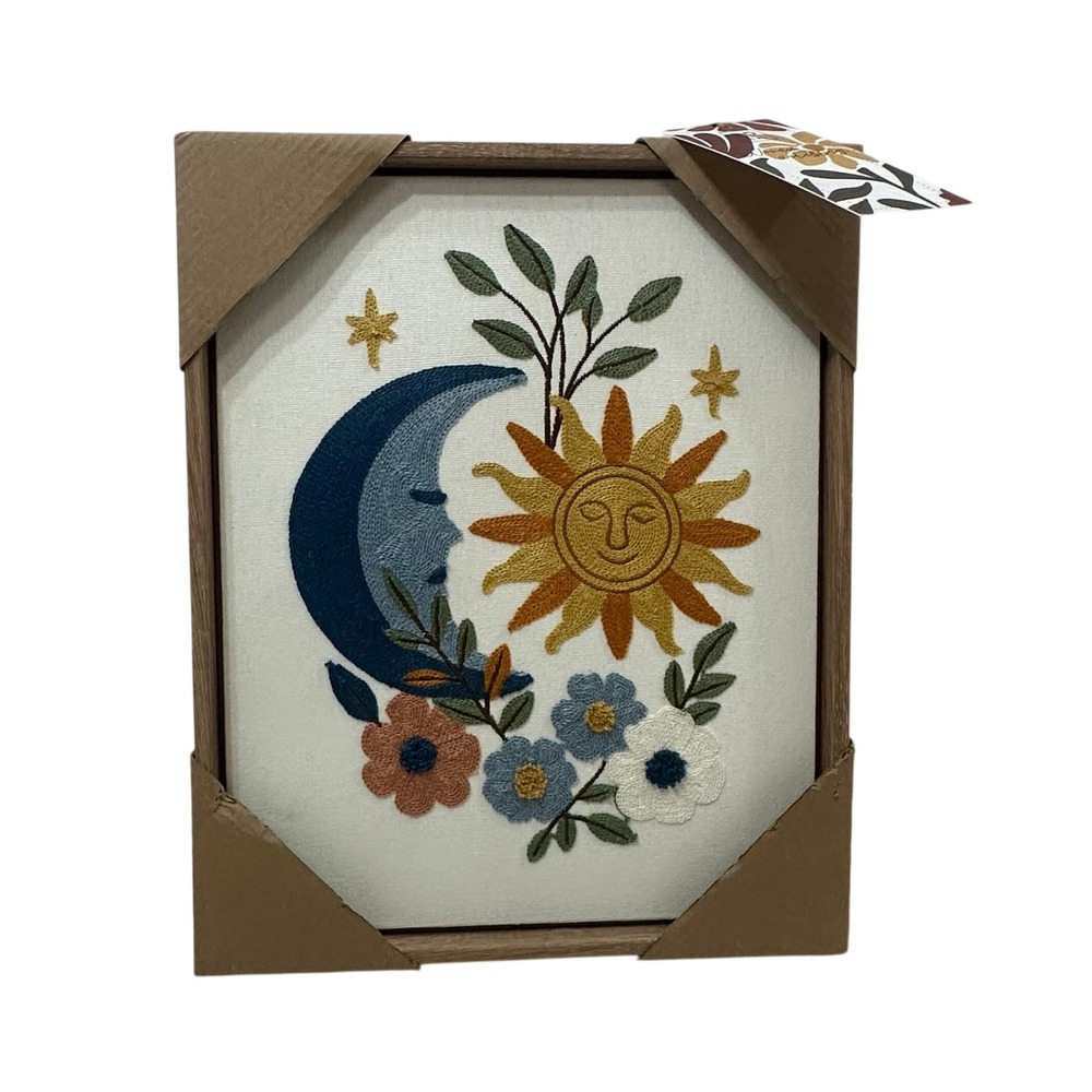 BP Home Sun and Moon Embroidered Framed‎ Textile Wall Art Celestial Floral 11x14